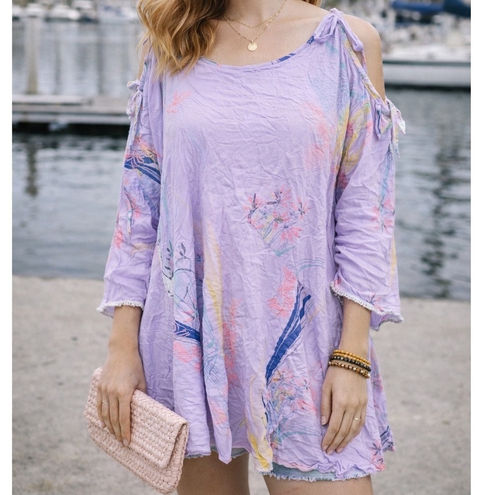 FP1 FREE PEOPLE Lilac Purple Clear Skies Floral Cold Shoulder Tunic Mini Dress X
